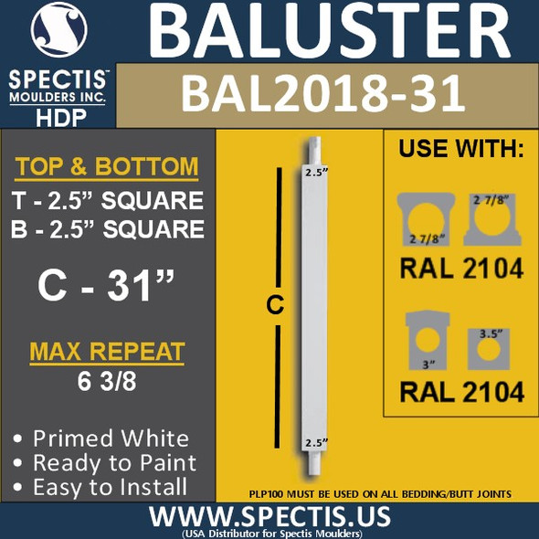 BAL2018-31 Urethane Baluster or Spindle 2 1/2"W X 31"H