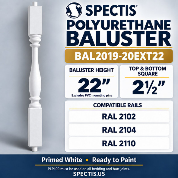 BAL2019-20EXT22 Spectis polyurethane baluster, 22-inch body height excluding PVC mounting pins; product profile, dimensions and compatible rails.