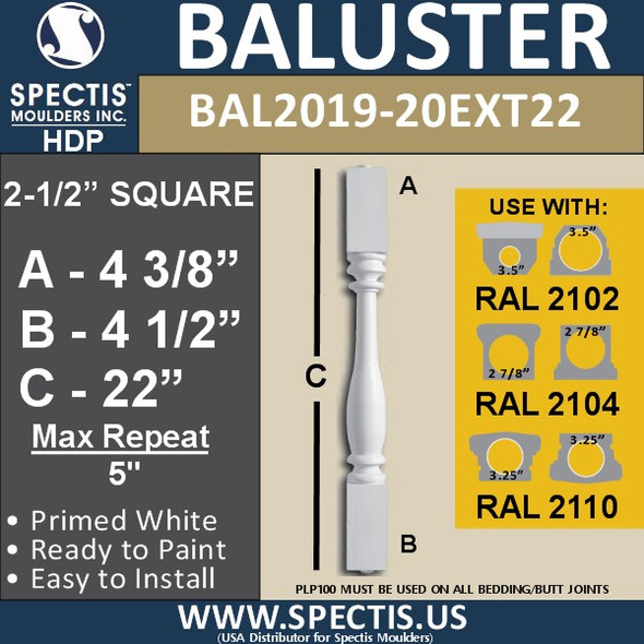 BAL2019-20EXT22 Urethane Baluster or Spindle 2 1/2"W X 22"H