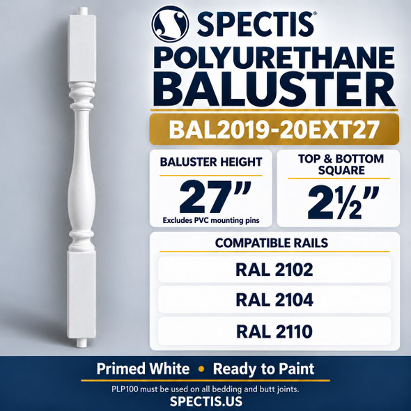 BAL2019-20EXT27 Spectis polyurethane baluster, 27-inch body height excluding PVC mounting pins; product profile, dimensions and compatible rails.