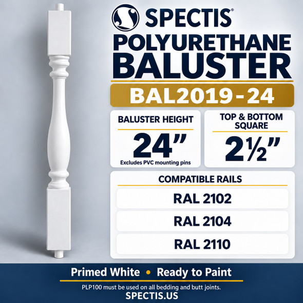 BAL2019-24 Spectis polyurethane baluster, 24-inch body height excluding PVC mounting pins; product profile, dimensions and compatible rails.
