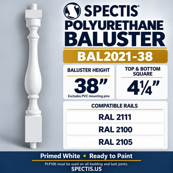 BAL2021-38 Spectis Polyurethane Baluster — 38″ body height excluding PVC mounting pins, 4¼″ square ends; compatible rails RAL 2111, RAL 2100 and RAL 2105.