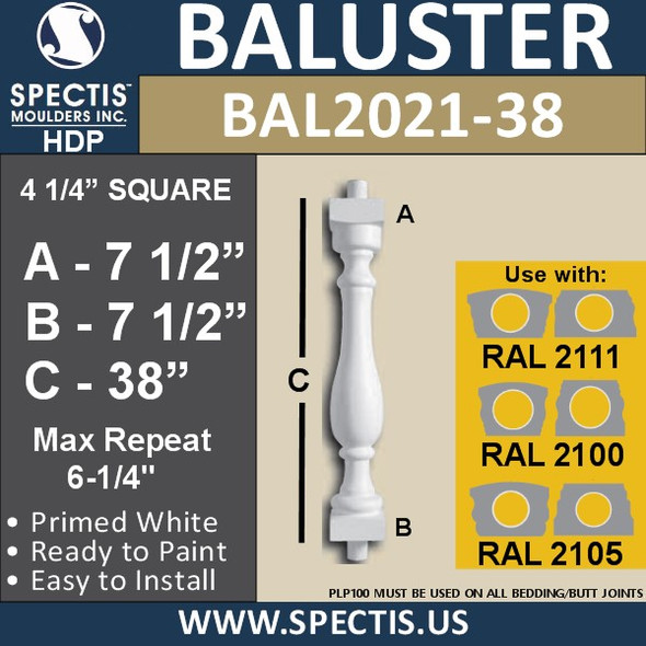 BAL2021-38 Urethane Baluster or Spindle 4 1/4"W X 38"H