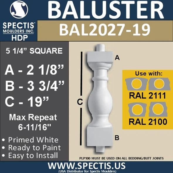 BAL2027-19 Urethane Baluster or Spindle 5 1/4"W X 19"H