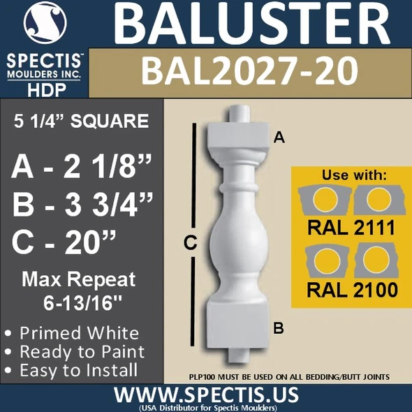 BAL2027-20 Urethane Baluster or Spindle 5 1/4"W X 20"H