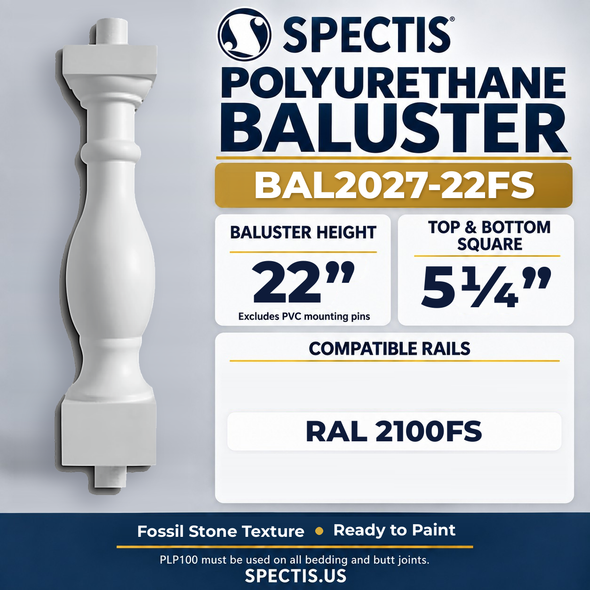 BAL2027-22FS Spectis Polyurethane Baluster — 22″ H × 5 1/4″ Square — Fossil Stone texture; compatible rails: RAL 2100FS