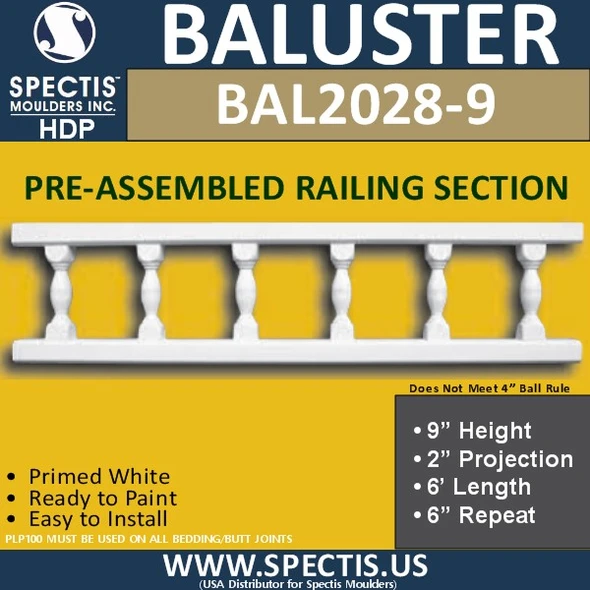 BAL2028-9 Assembled Balusters 9"H X 2"P X 6'L X 6"Repeat