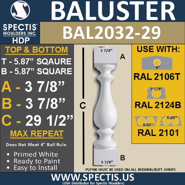 BAL2032-29 Urethane Baluster or Spindle 5 7/8"W X 29 1/2"H