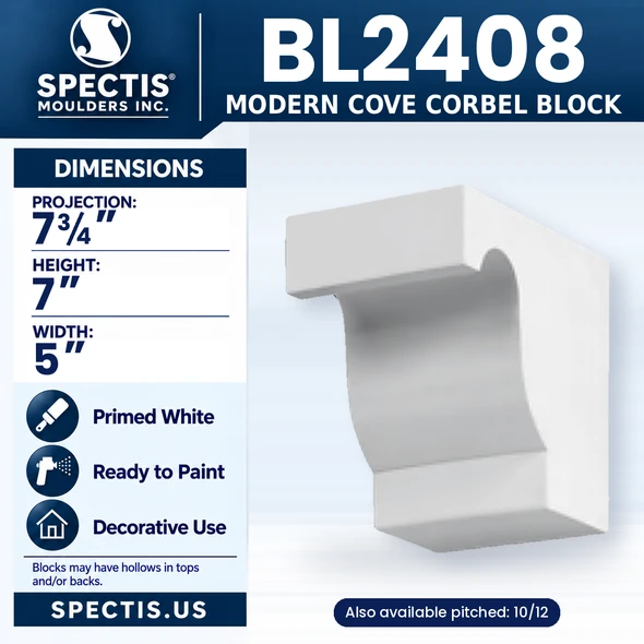BL2408 Modern Cove Corbel Block, Spectis polyurethane block, 7 3/4 in projection x 7 in high x 5 in wide