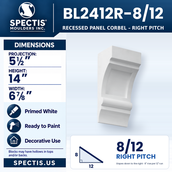BL2412R-8/12 Recessed Panel Corbel, right 8/12 pitch, Spectis polyurethane corbel, 5 1/2 in projection x 14 in high x 6 7/8 in wide