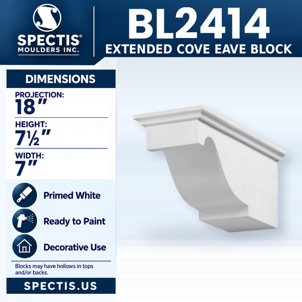 BL2414 Extended Cove Eave Block, Spectis polyurethane block, 18 in projection x 7 1/2 in high x 7 in wide