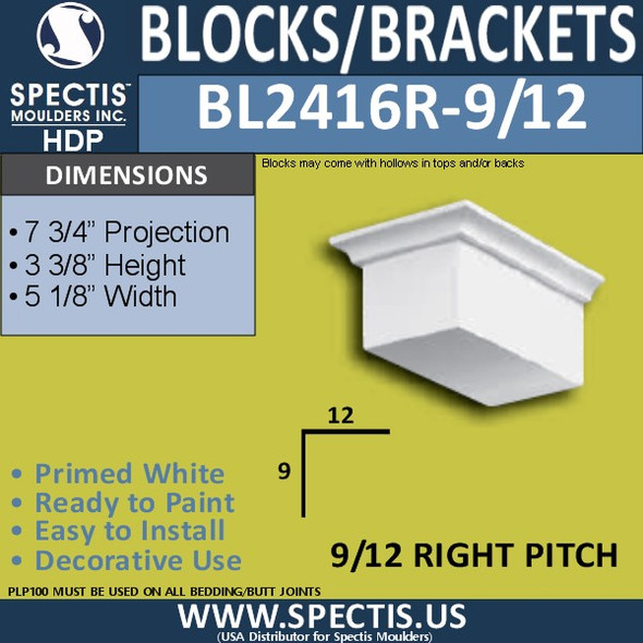 BL2416R-9/12 Pitch Eave Block 5"W x 4"H x 8" P