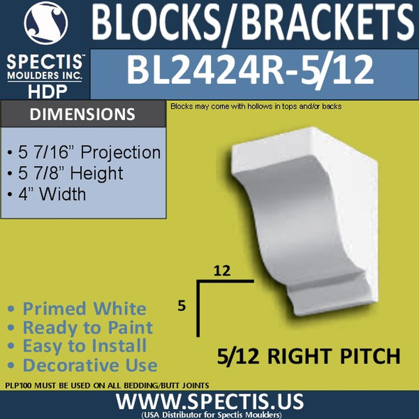 BL2424L-5/12 Pitch Eave Block 4"W x 6"H x 6" P