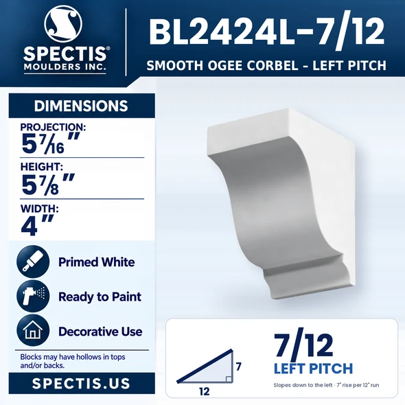 BL2424L-7/12 Smooth Ogee Corbel, left 7/12 pitch, Spectis polyurethane corbel, 5 7/16 in projection x 5 7/8 in high x 4 in wide