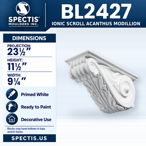 BL2427 Ionic Scroll Acanthus Modillion, Spectis polyurethane modillion, 23 1/2 in projection x 11 1/2 in high x 9 1/4 in wide