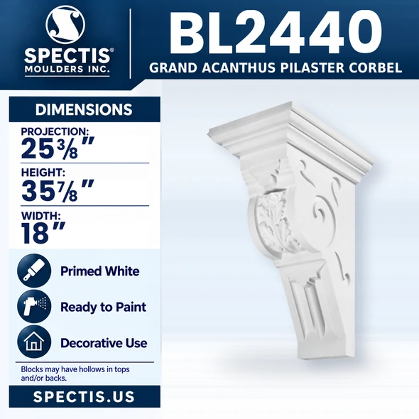 BL2440 Grand Acanthus Pilaster Corbel, Spectis polyurethane corbel, 25 3/8 in projection x 35 7/8 in high x 18 in wide