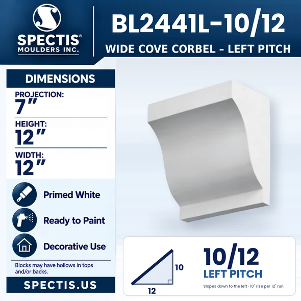 BL2441L-10/12 Wide Cove Corbel, left 10/12 pitch, Spectis polyurethane corbel, 7 in projection x 12 in high x 12 in wide