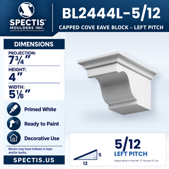 BL2444L-5/12 Capped Cove Eave Block, left 5/12 pitch, Spectis polyurethane block, 7 3/4 in projection x 4 in high x 5 1/8 in wide