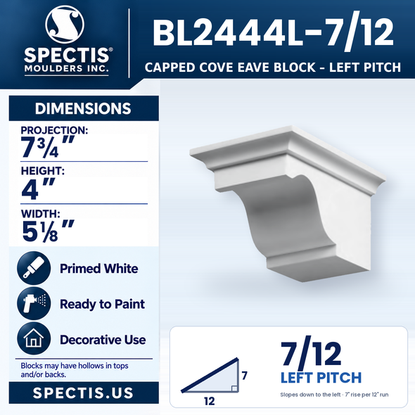 BL2444L-7/12 Capped Cove Eave Block, left 7/12 pitch, Spectis polyurethane block, 7 3/4 in projection x 4 in high x 5 1/8 in wide