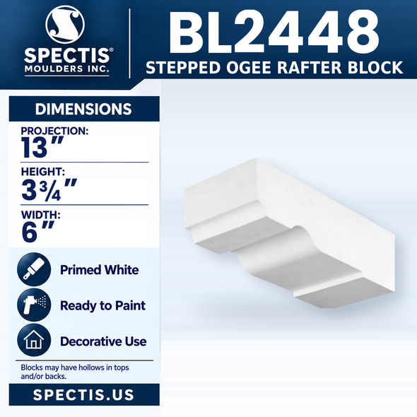 BL2448 Stepped Ogee Rafter Block, Spectis polyurethane block, 13 in projection x 3 3/4 in high x 6 in wide
