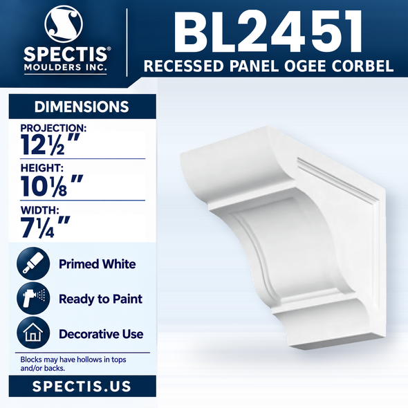 BL2451 Recessed Panel Ogee Corbel, Spectis polyurethane corbel, 12 1/2 in projection x 10 1/8 in high x 7 1/4 in wide