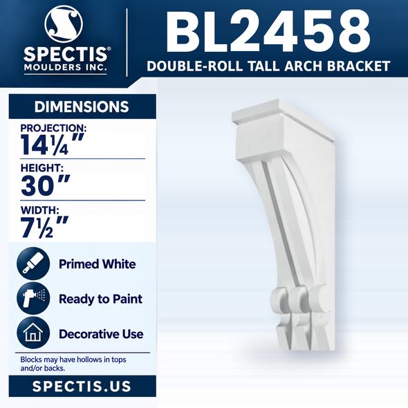BL2458 Double-Roll Tall Arch Bracket, Spectis polyurethane bracket, 14 1/4 in projection x 30 in high x 7 1/2 in wide
