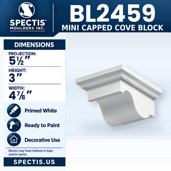 BL2459 Mini Capped Cove Block, Spectis polyurethane block, 5 1/2 in projection x 3 in high x 4 7/8 in wide