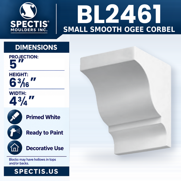 BL2461 Small Smooth Ogee Corbel, Spectis polyurethane corbel, 5 in projection x 6 3/16 in high x 4 3/4 in wide