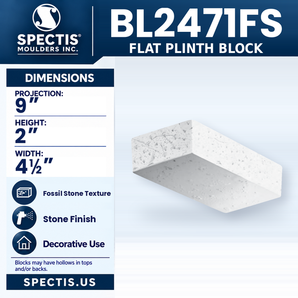 BL2471FS Flat Plinth Block, Spectis polyurethane block with fossil stone texture and stone finish, 9 in projection x 2 in high x 4 1/2 in wide
