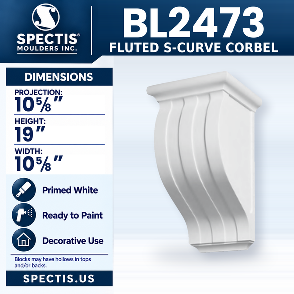 BL2473 Fluted S-Curve Corbel, Spectis polyurethane corbel, 10 5/8 in projection x 19 in high x 10 5/8 in wide