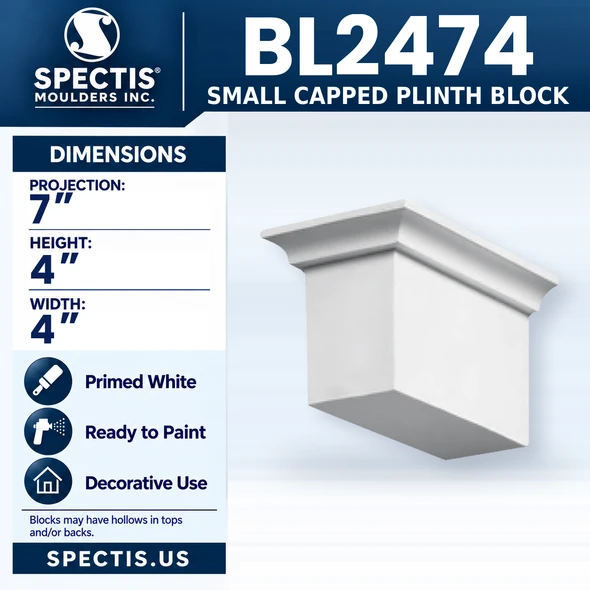 BL2474 Small Capped Plinth Block, Spectis polyurethane block, 7 in projection x 4 in high x 4 in wide