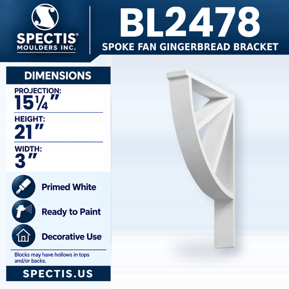 BL2478 Spoke Fan Gingerbread Bracket, Spectis polyurethane bracket, 15 1/4 in projection x 21 in high x 3 in wide
