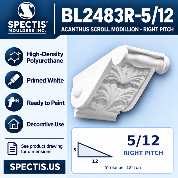 Spectis BL2483R-5/12 Acanthus Scroll Modillion - Right Pitch, mirrored 5/12 pitch triangle showing 5-inch rise per 12-inch run. Primed high-density polyurethane for decorative use.