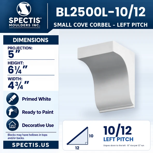 BL2500L-10/12 Small Cove Corbel, left 10/12 pitch, Spectis polyurethane corbel, 5 in projection x 6 1/4 in high x 4 3/4 in wide