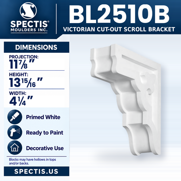 BL2510B Victorian Cut-Out Scroll Bracket, Spectis polyurethane bracket, 11 7/8 in projection x 13 15/16 in high x 4 1/4 in wide