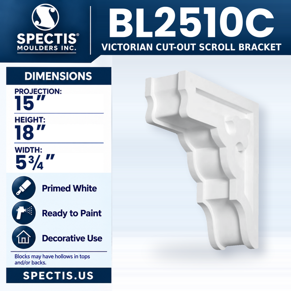 BL2510C Victorian Cut-Out Scroll Bracket, Spectis polyurethane bracket, 15 in projection x 18 in high x 5 3/4 in wide