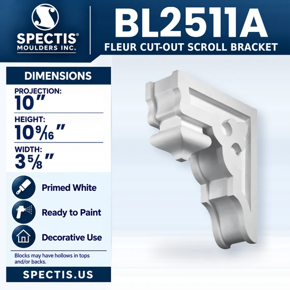 BL2511A Fleur Cut-Out Scroll Bracket, Spectis polyurethane bracket, 10 in projection x 10 9/16 in high x 3 5/8 in wide