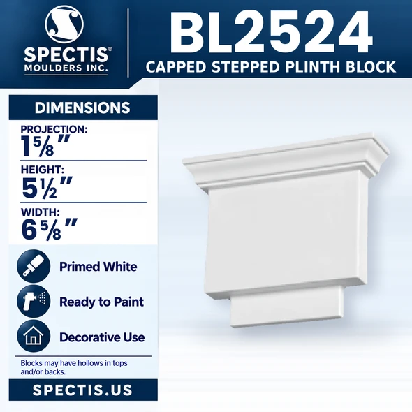 BL2524 Capped Stepped Plinth Block, Spectis polyurethane block, 1 5/8 in projection x 5 1/2 in high x 6 5/8 in wide