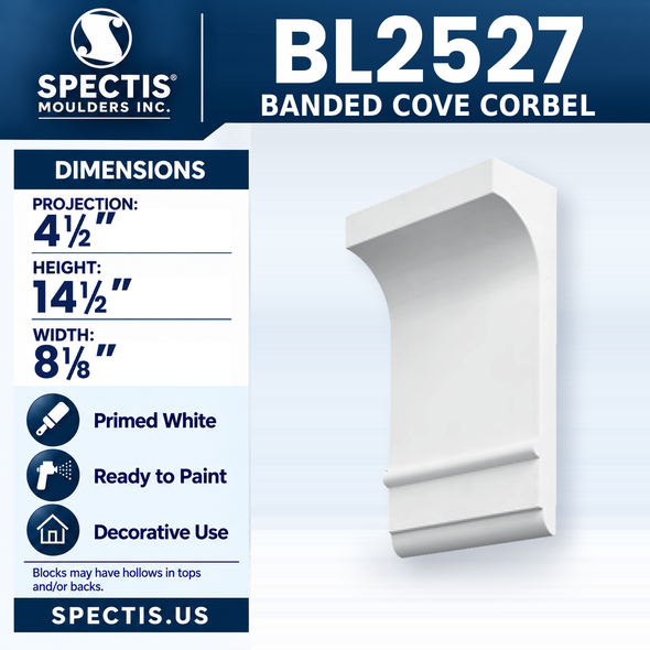 BL2527 Banded Cove Corbel, Spectis polyurethane corbel, 4 1/2 in projection x 14 1/2 in high x 8 1/8 in wide