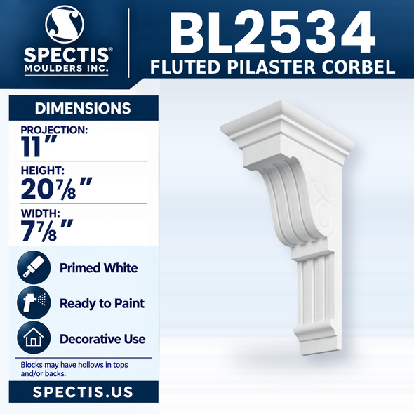 BL2534 Fluted Pilaster Corbel, Spectis polyurethane corbel, 11 in projection x 20 7/8 in high x 7 7/8 in wide