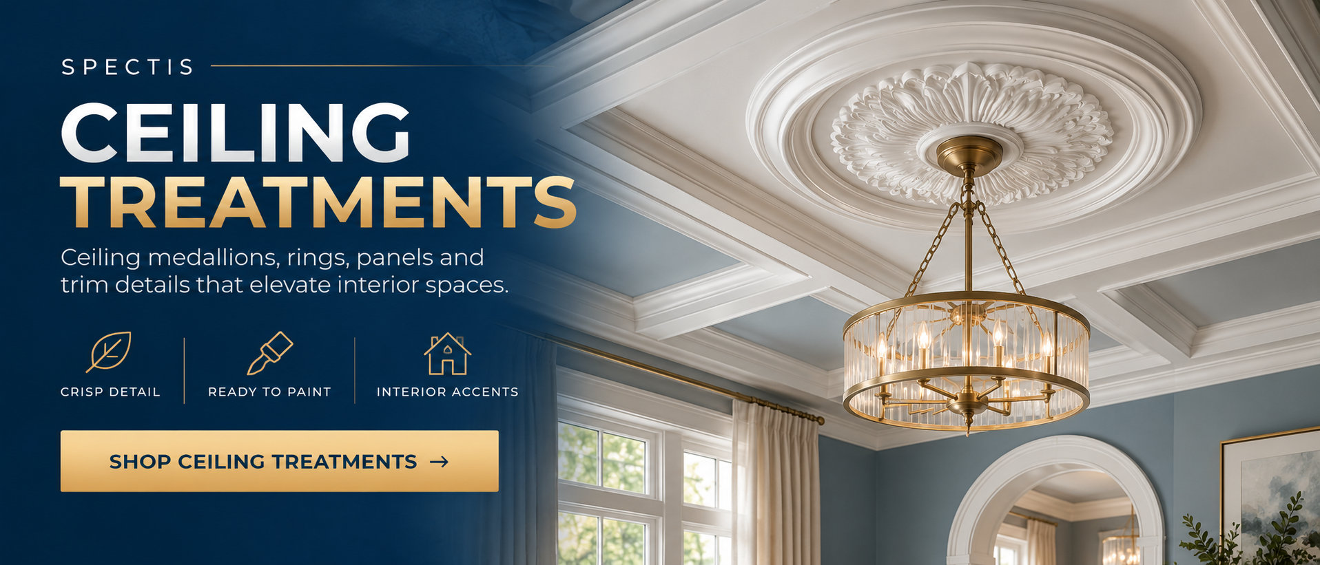 Spectis polyurethane ceiling treatments: medallions, rings, panels and trim