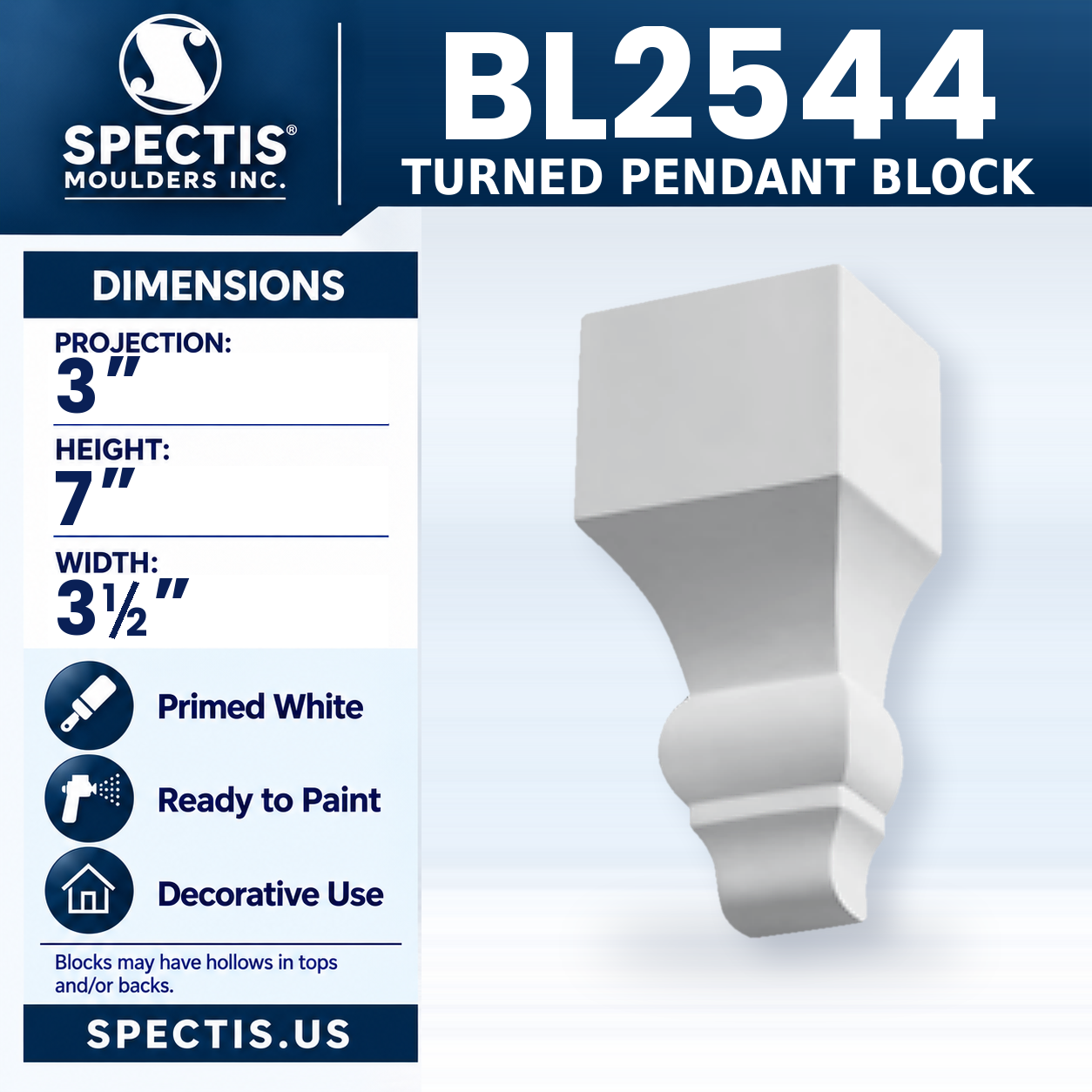BL2544 Turned Pendant Block 3.5"W x 7"H x 3"P