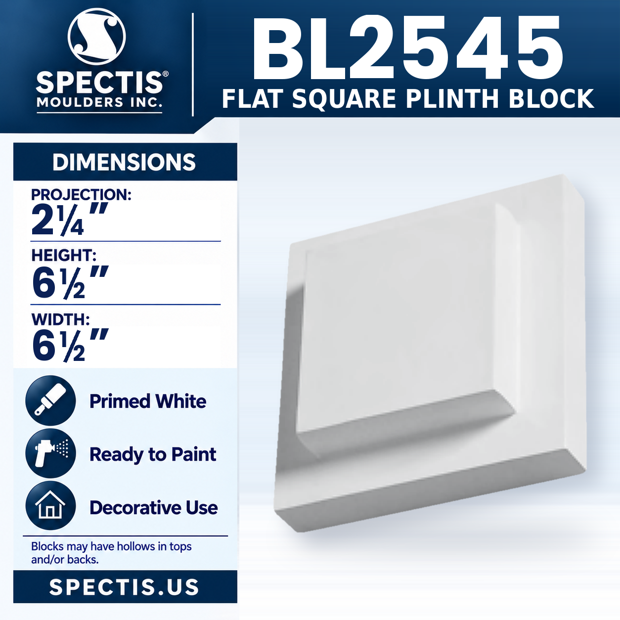 BL2545 Flat Square Plinth Block 6.5"W x 6.5"H x 2.25"P