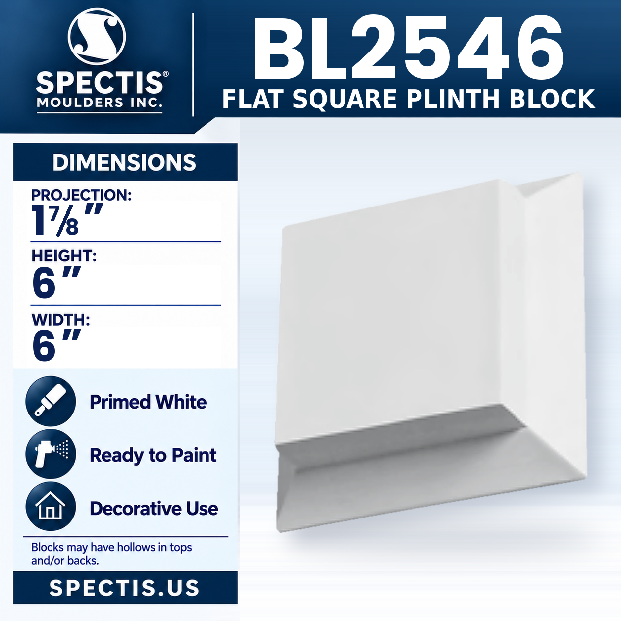 BL2546 Flat Square Plinth Block 6"W x 6"H x 1.875"P