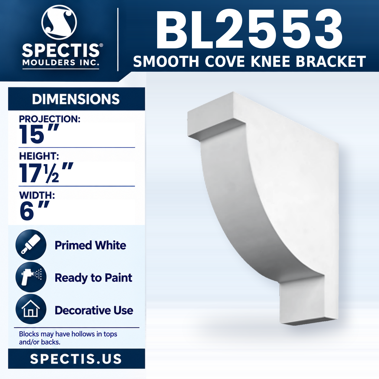 BL2553 Smooth Cove Knee Bracket 6"W x 17.5"H x 15"P
