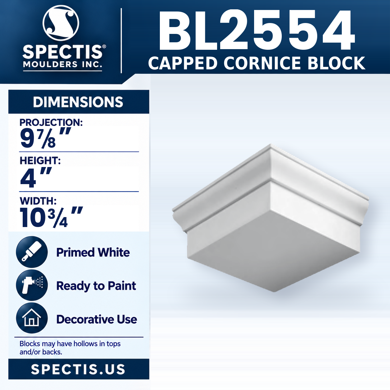 BL2554 Capped Cornice Block 10.75"W x 4"H x 9.875"P