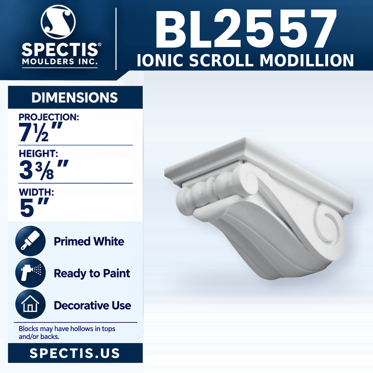 BL2557 Ionic Scroll Modillion 5"W x 3.375"H x 7.5"P