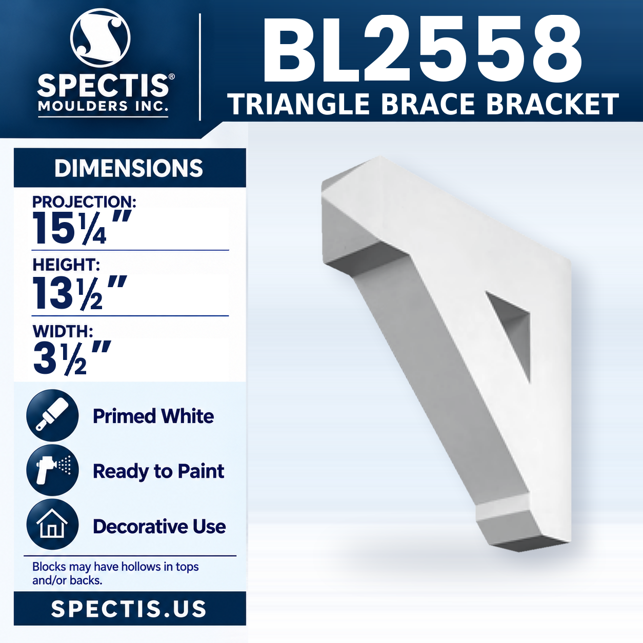 BL2558 Triangle Brace Bracket by Spectis Moulders 3.5"W x 13.5"H x 15.25"P
