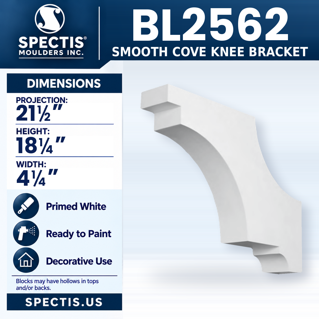 BL2562 Smooth Cove Knee Bracket 4.25"W x 18.25"H x 21.5"P