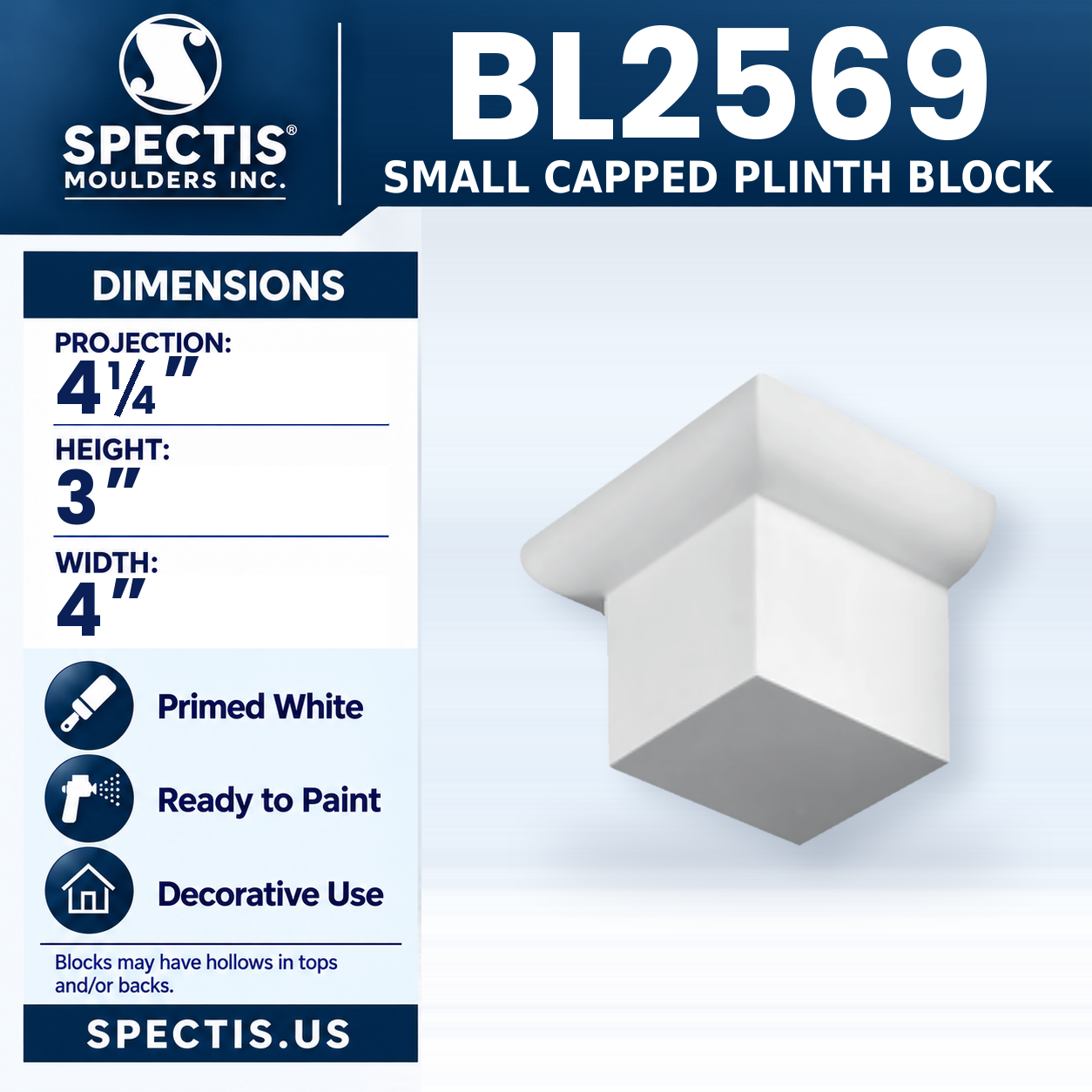 BL2569 Small Capped Plinth Block 4"W x 3"H x 4.25"P